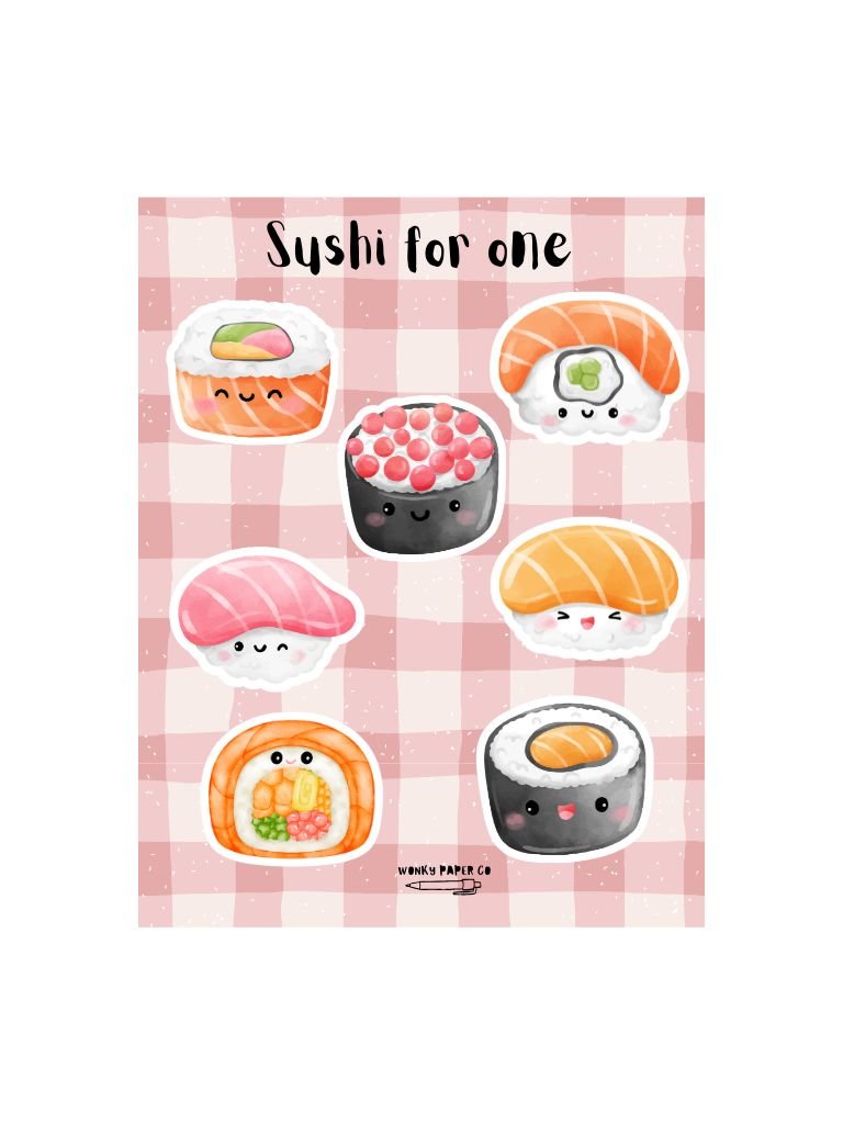Cute Kawaii Sushi Sticker Sheet With Illustrated Sushi Stickers