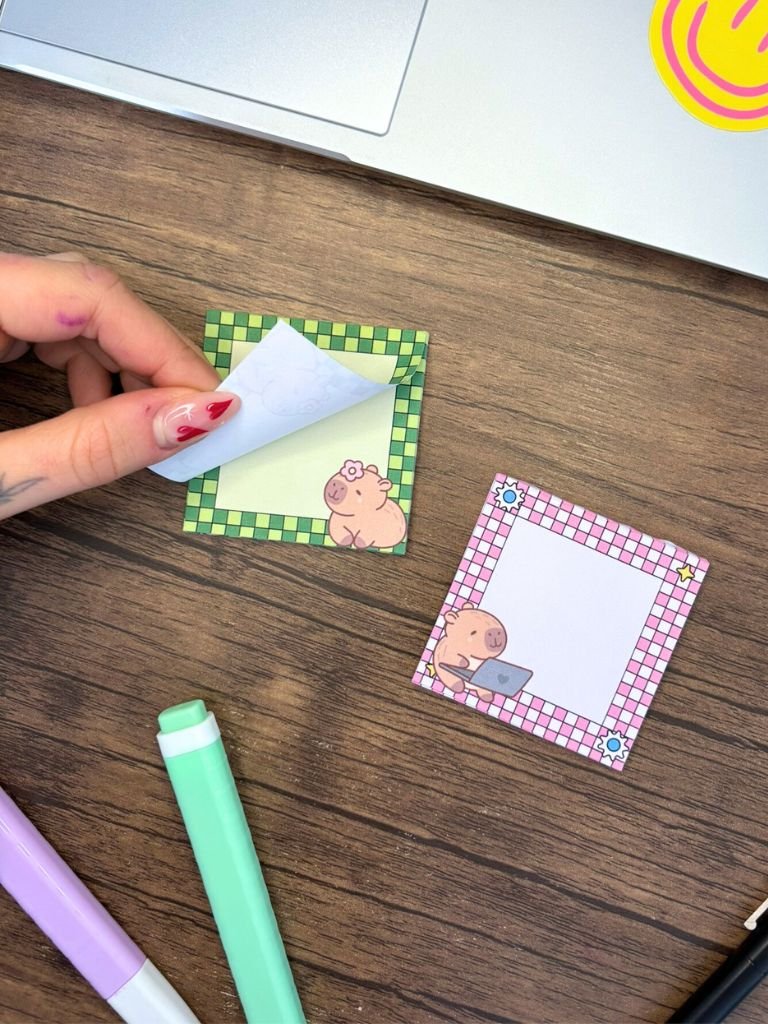 Cute Pink & Green Capybara Memo Pad - Handmade Mini Tear Off Notepad
