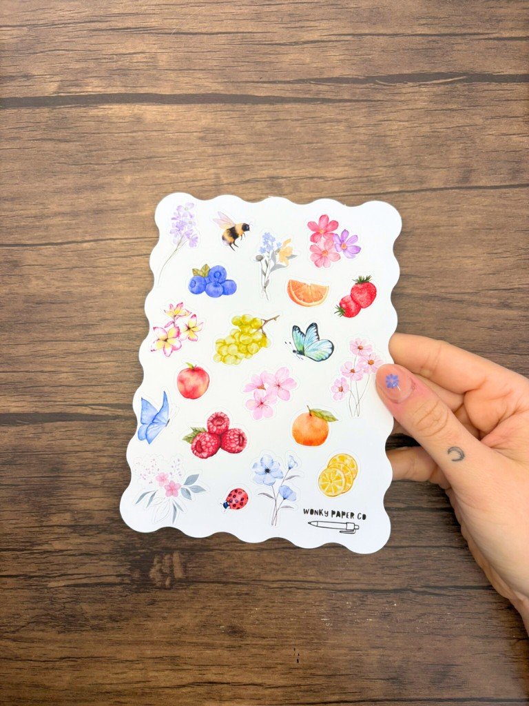 Flowers & Fruit Themed Summer Sticker Sheet | Colourful Matte Summer Themed Journal Stickers