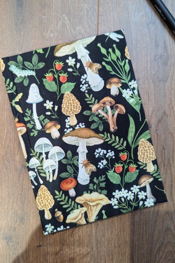 Handmade Hardback Notebook With Mushroom And Forest Fabric Cover