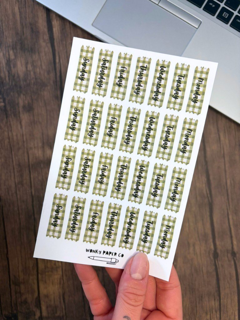 Daily Planner Stickers | Green Gingham Day Of The Week Stickers For Bullet Journals