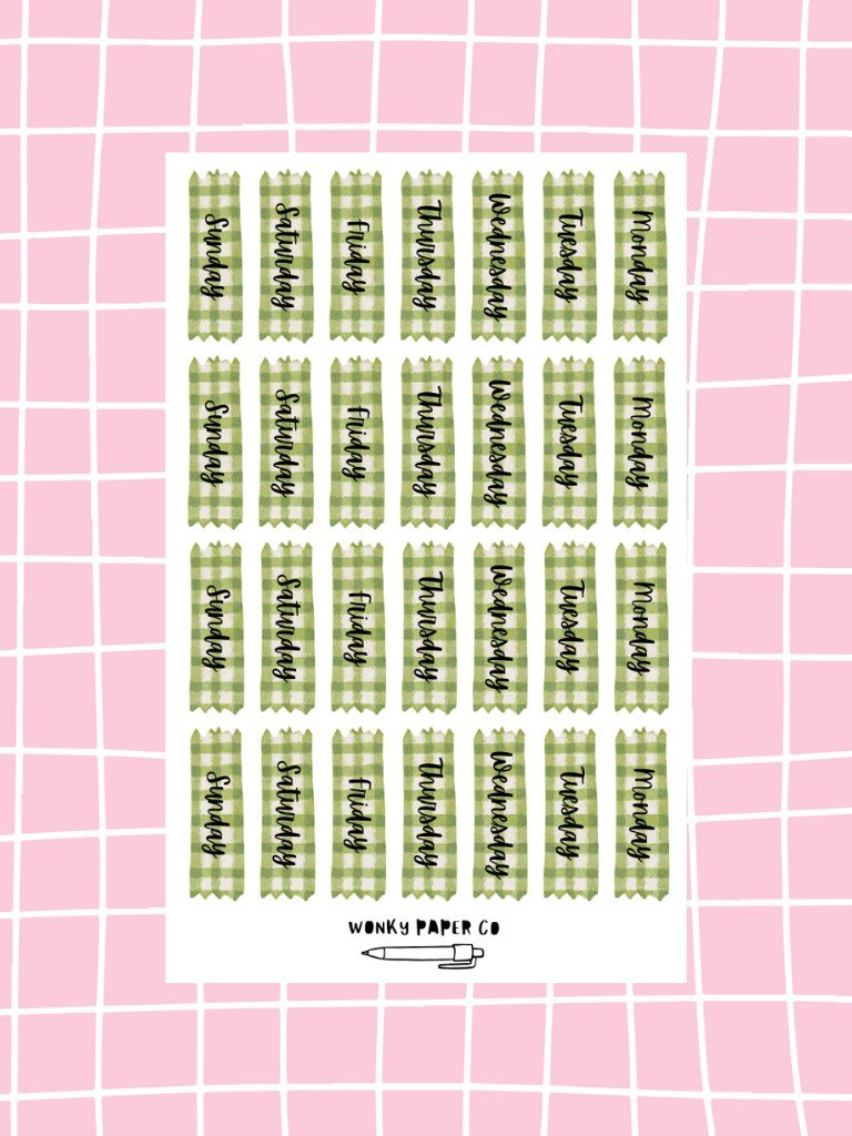 Daily Planner Stickers | Green Gingham Day Of The Week Stickers For Bullet Journals