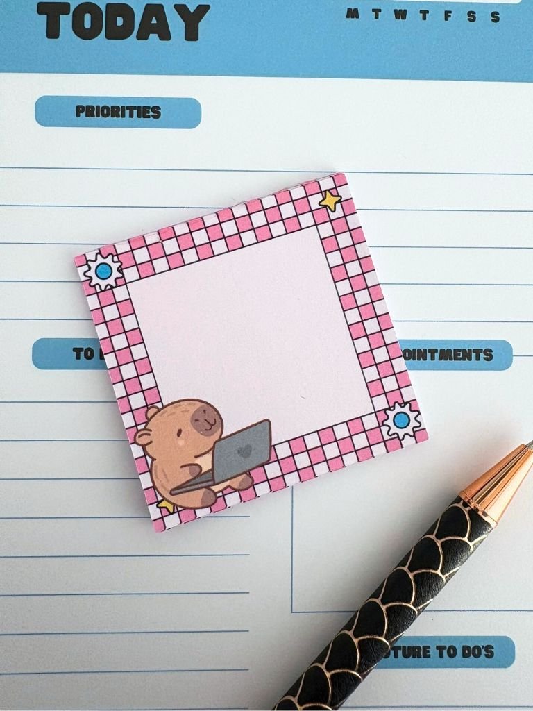 Cute Pink & Green Capybara Memo Pad - Handmade Mini Tear Off Notepad