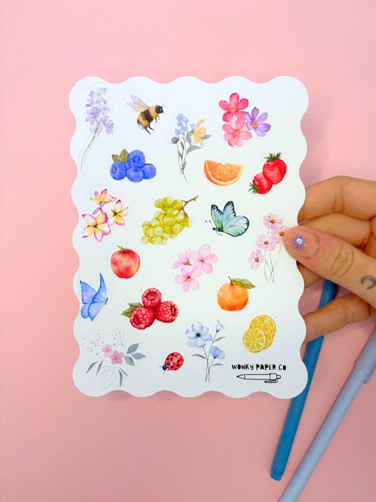 Flowers & Fruit Themed Summer Sticker Sheet | Colourful Matte Summer Themed Journal Stickers