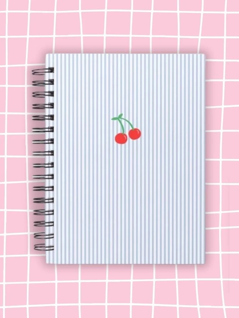 Handmade Striped Journal With Cherry - Minimalist Spiral Bound Notebook