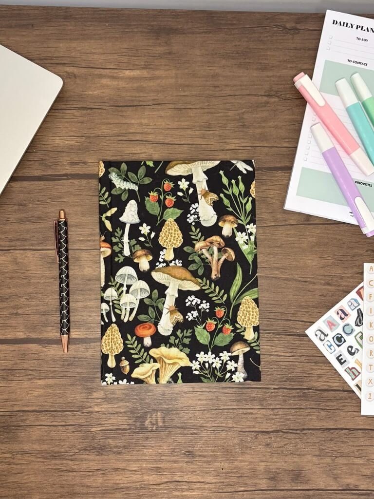 Handmade Hardback Notebook With Mushroom And Forest Fabric Cover