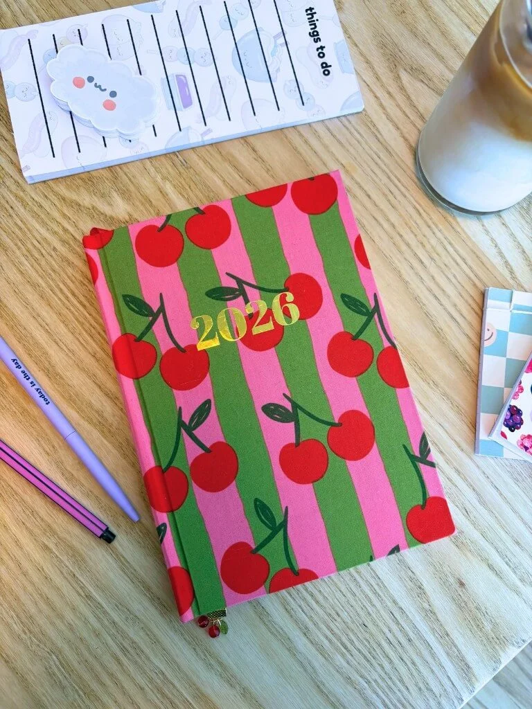 Handmade Pink & Green Stripes And Cherries 2026 Diary With Weekly And Monthly View