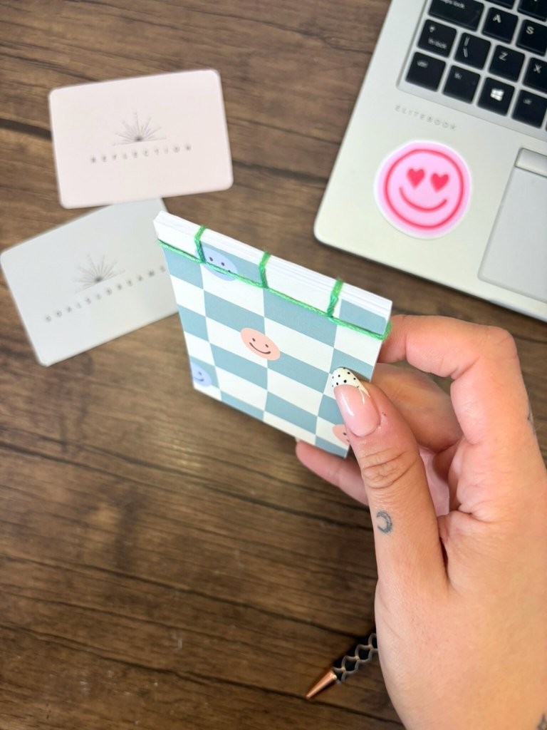 Green And Yellow Checked Mini Notebook With Smiling Faces