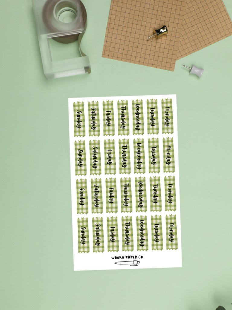 Daily Planner Stickers | Green Gingham Day Of The Week Stickers For Bullet Journals