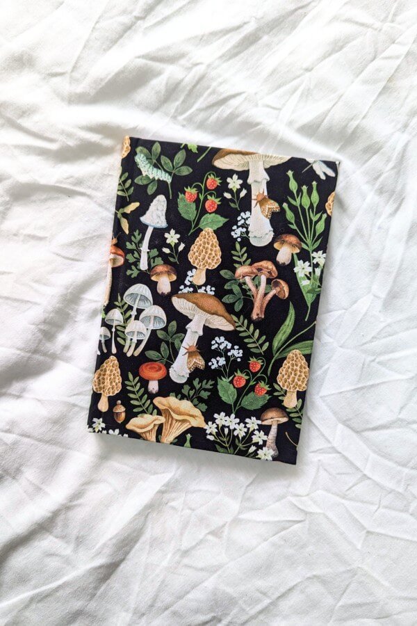 Handmade Hardback Notebook With Mushroom And Forest Fabric Cover