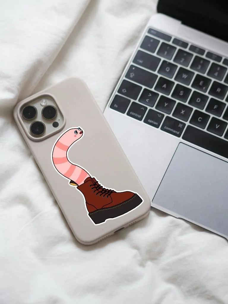 Goth Worm In Boots: Hand Drawn Vinyl Sticker