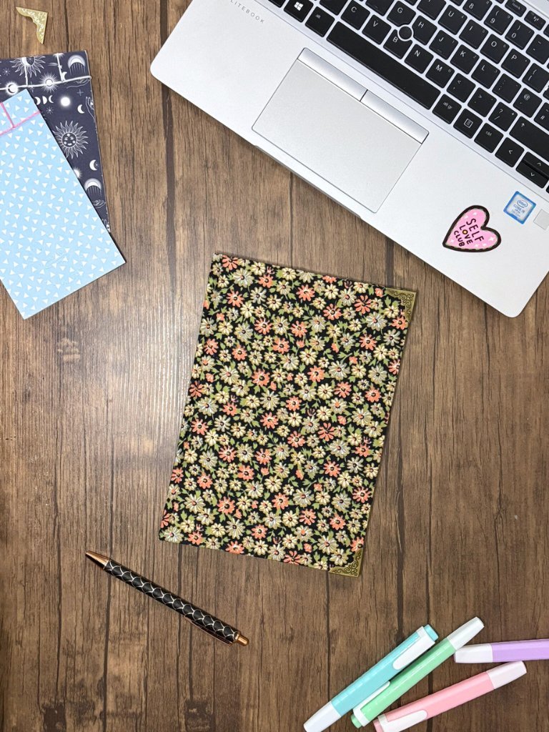Handmade Hardcover A5 Notebook With Dark Floral Fabric Cover