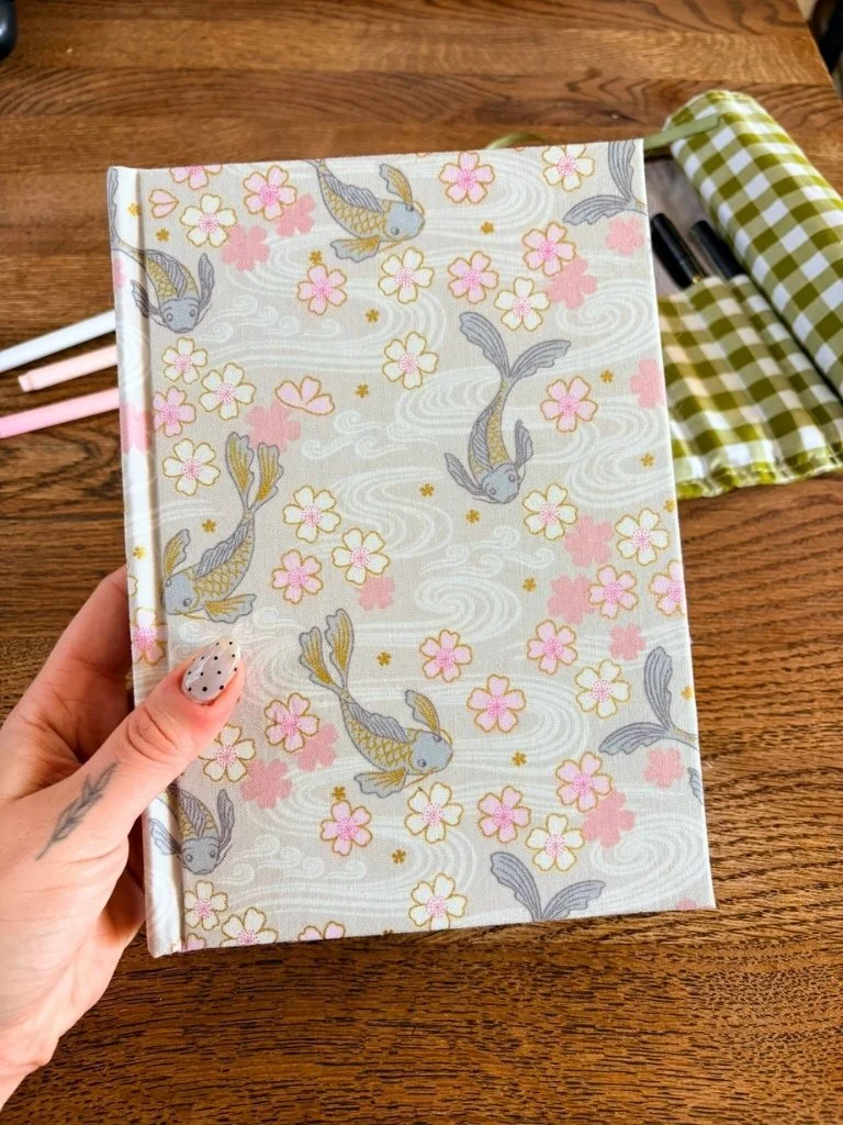 Japanese Notebook - Handmade Hardcover Journal With Koi Carp And Cherry Blossom