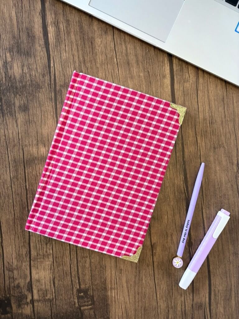 Handmade Hardcover Pink Checked Notebook | A5 Handcrafted Fabric Journal