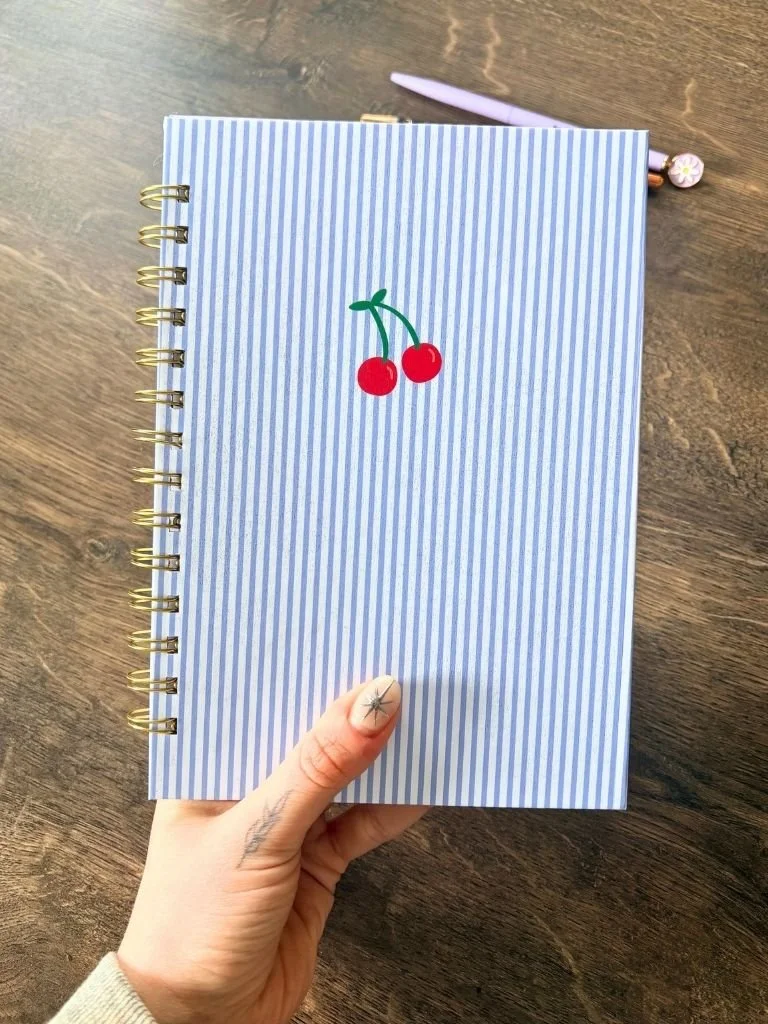 Handmade Striped Journal With Cherry - Minimalist Spiral Bound Notebook