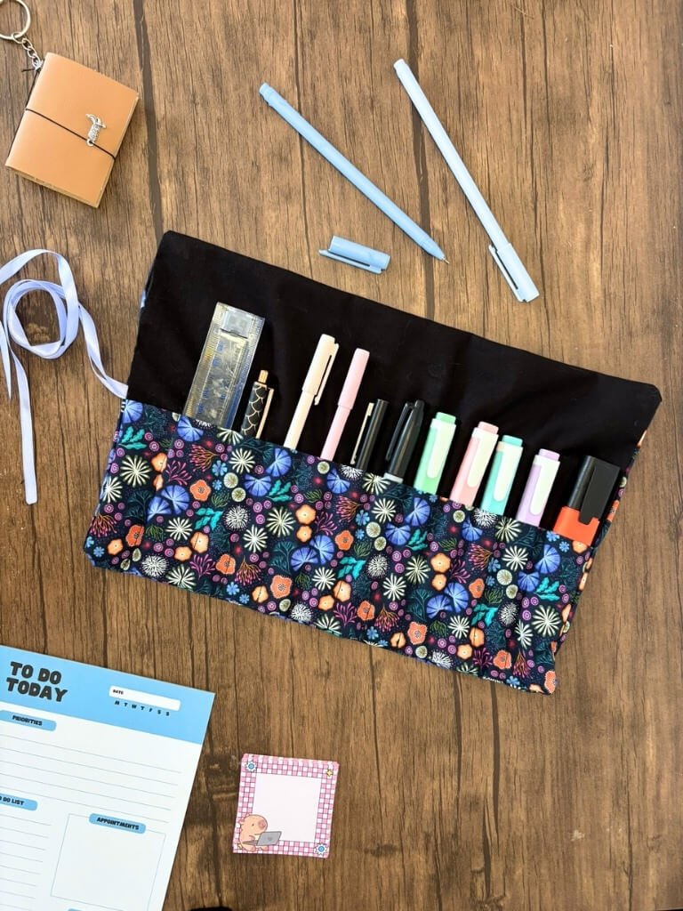 Handmade Roll Up Pencil Case With Neon And Blue Coral Canvas
