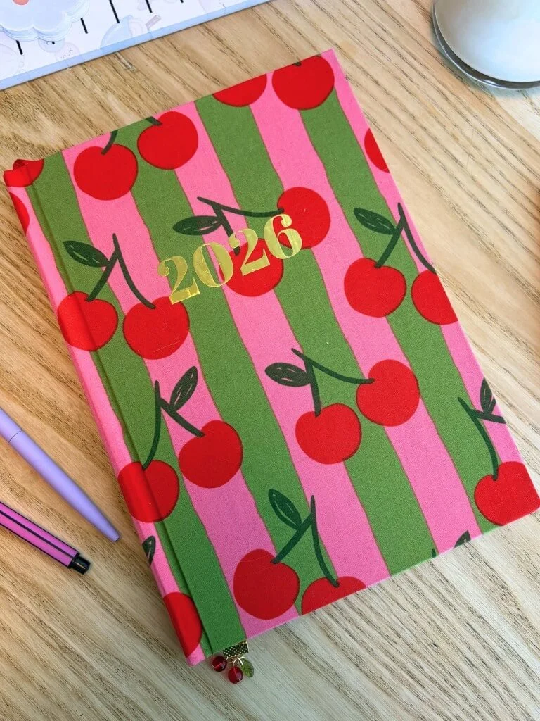 Handmade Pink & Green Stripes And Cherries 2026 Diary With Weekly And Monthly View