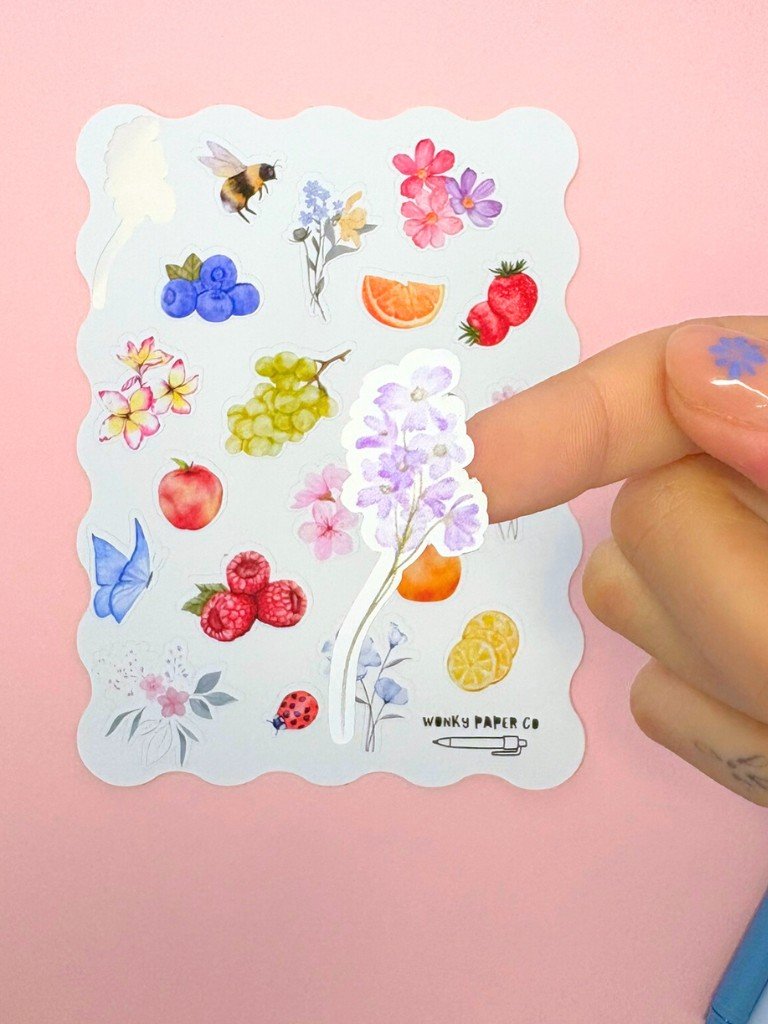 Flowers & Fruit Themed Summer Sticker Sheet | Colourful Matte Summer Themed Journal Stickers