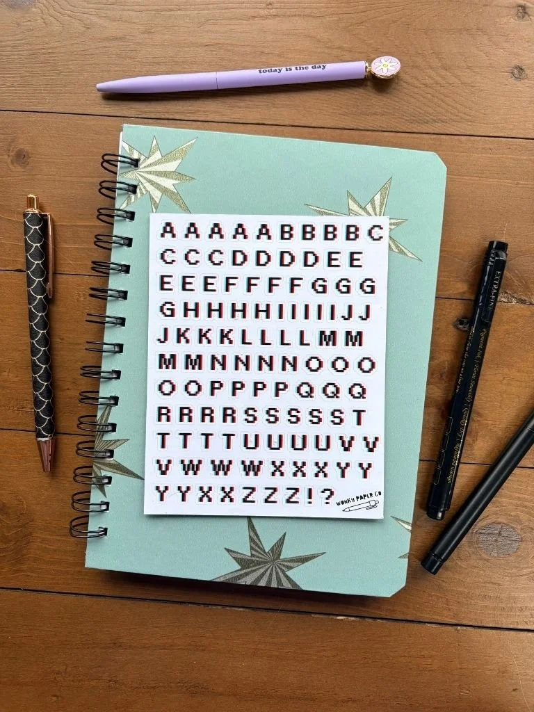Retro Pixel Font Letter Stickers - Pixelated Alphabet Sticker Sheet