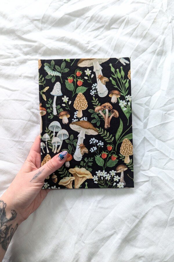 Handmade Hardback Notebook With Mushroom And Forest Fabric Cover