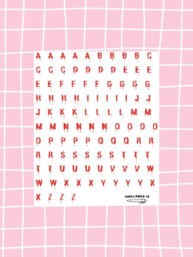 Dripping Blood Alphabet Sticker Sheet - Horror Themed Letter Stickers