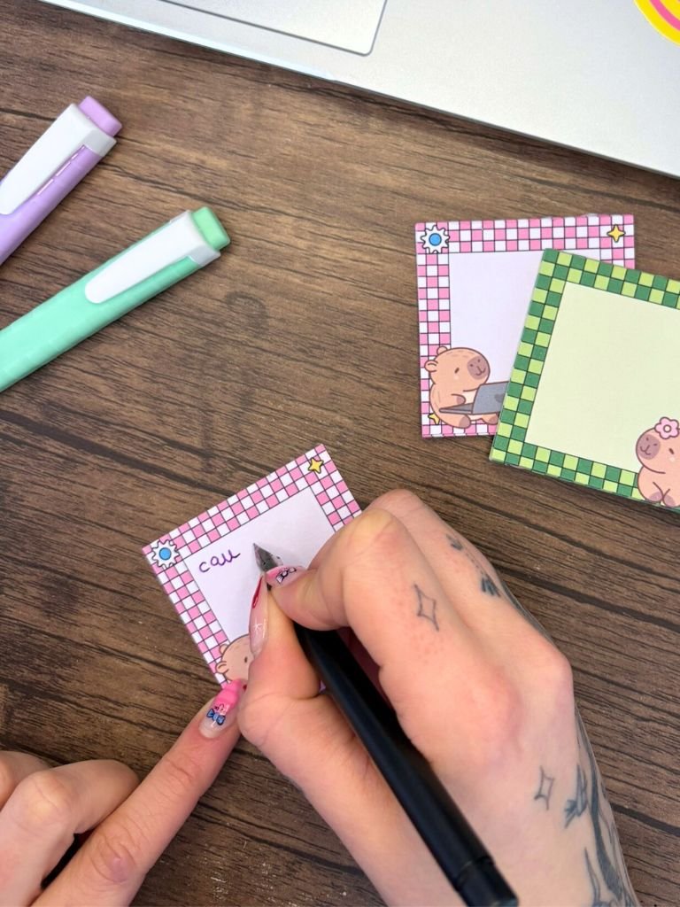 Cute Pink & Green Capybara Memo Pad - Handmade Mini Tear Off Notepad