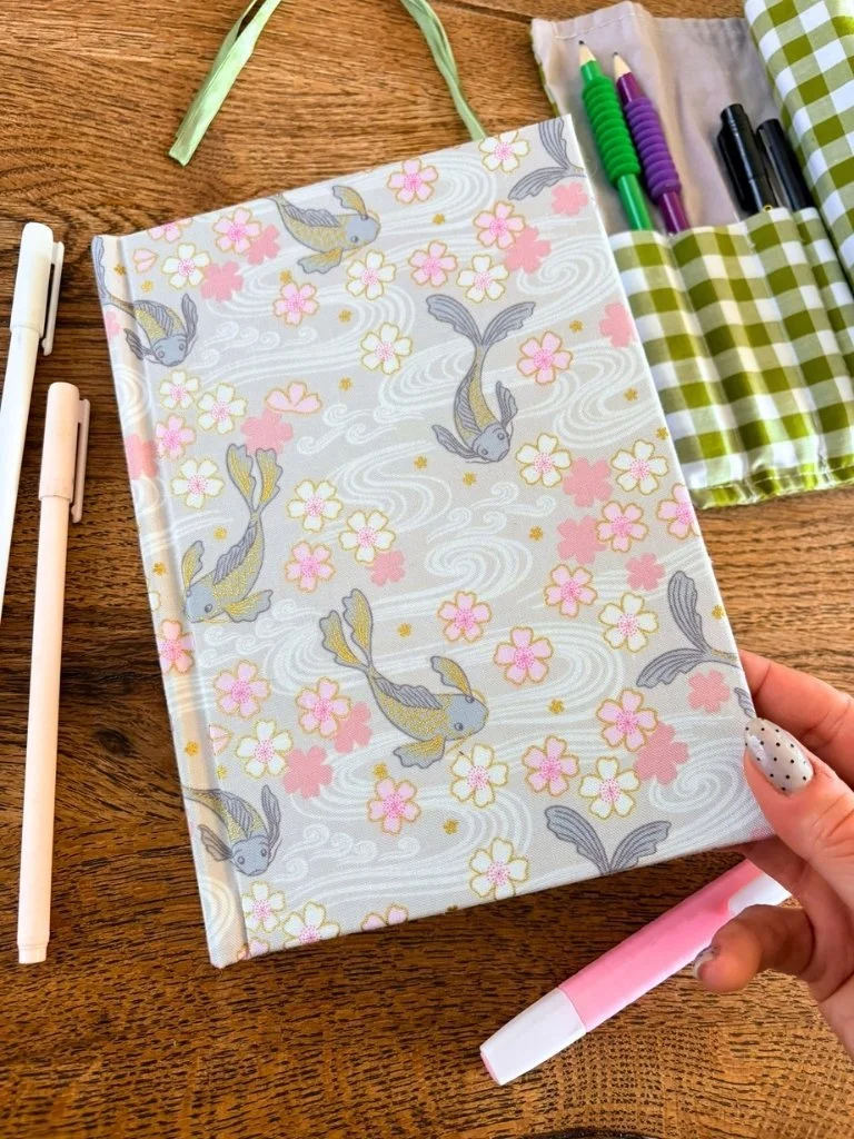 Japanese Notebook - Handmade Hardcover Journal With Koi Carp And Cherry Blossom