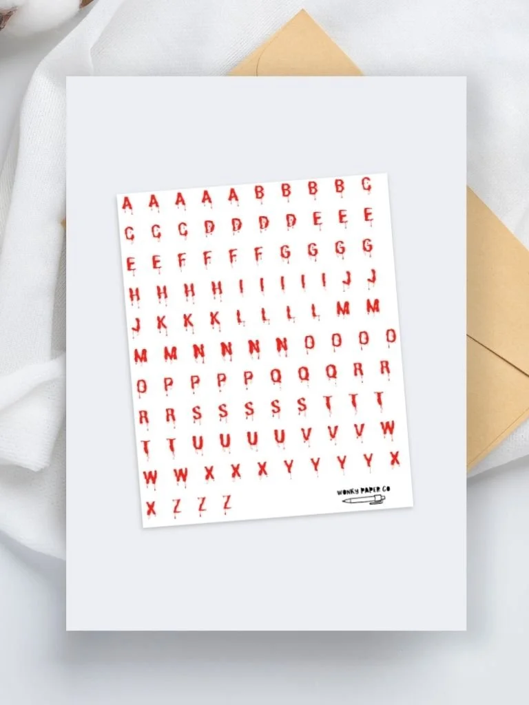 Dripping Blood Alphabet Sticker Sheet - Horror Themed Letter Stickers