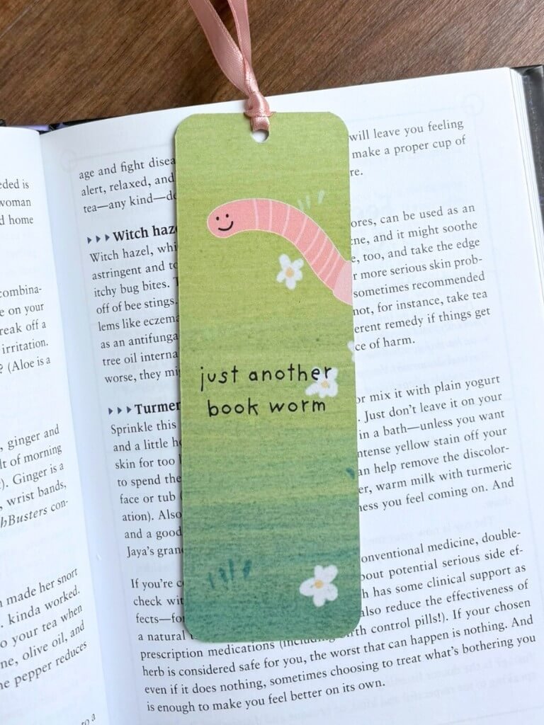 Cute Bookworm Bookmark | Handmade Double Sided Bookmark With Book Worm Art