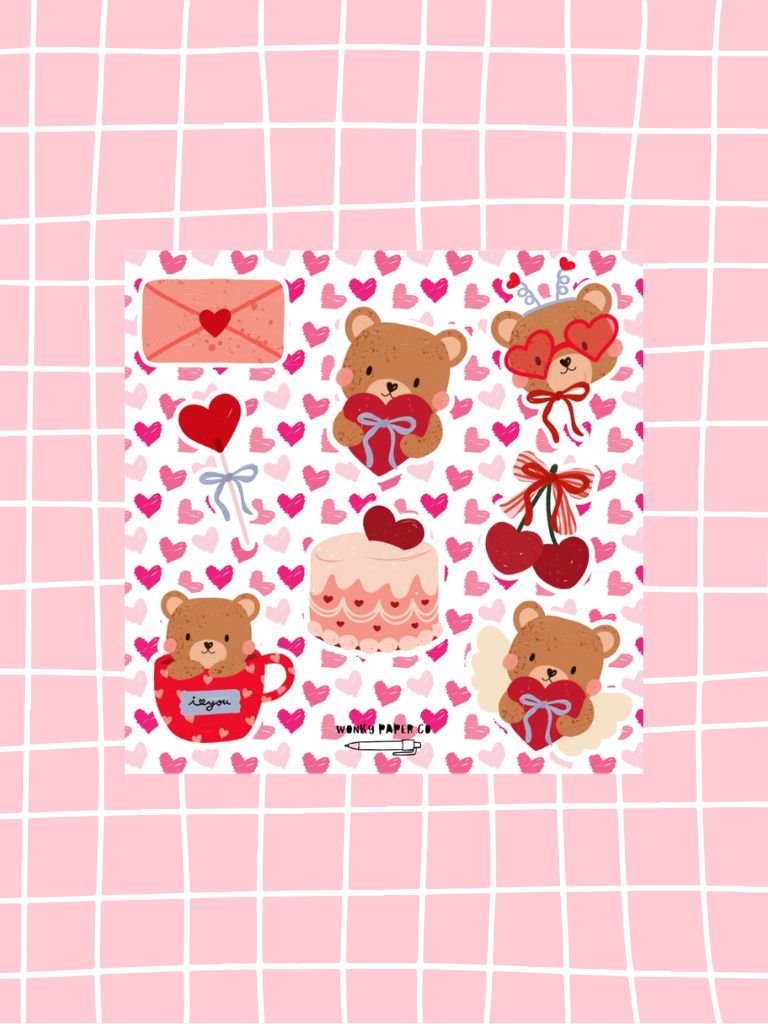 Love themed sticker sheet with cute teddy bear stickers