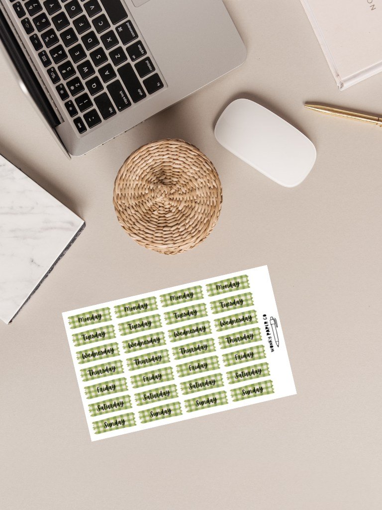 Daily Planner Stickers | Green Gingham Day Of The Week Stickers For Bullet Journals