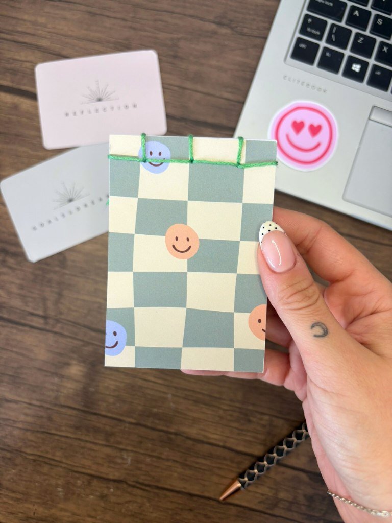 Green And Yellow Checked Mini Notebook With Smiling Faces