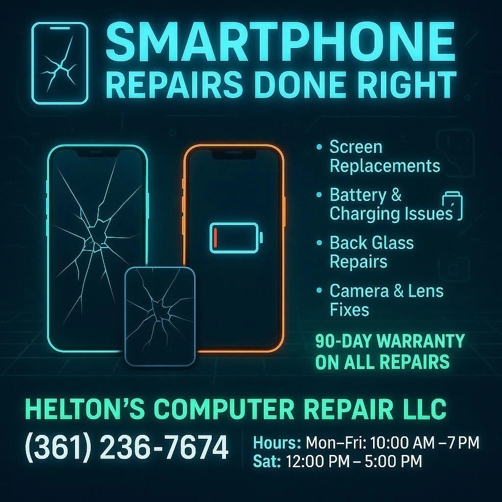 📱 Smartphone Repairs &ndash; Contact Us Today!
Helton&rsquo;s Computer Repair LLC
📞 (361) 236-7674
🕙 Mon&ndash;Fri: 10 AM &ndash; 7 PM | Sat: 12 PM &ndash; 5 PM
📍 1011 E. Main St, Alice, TX 78332