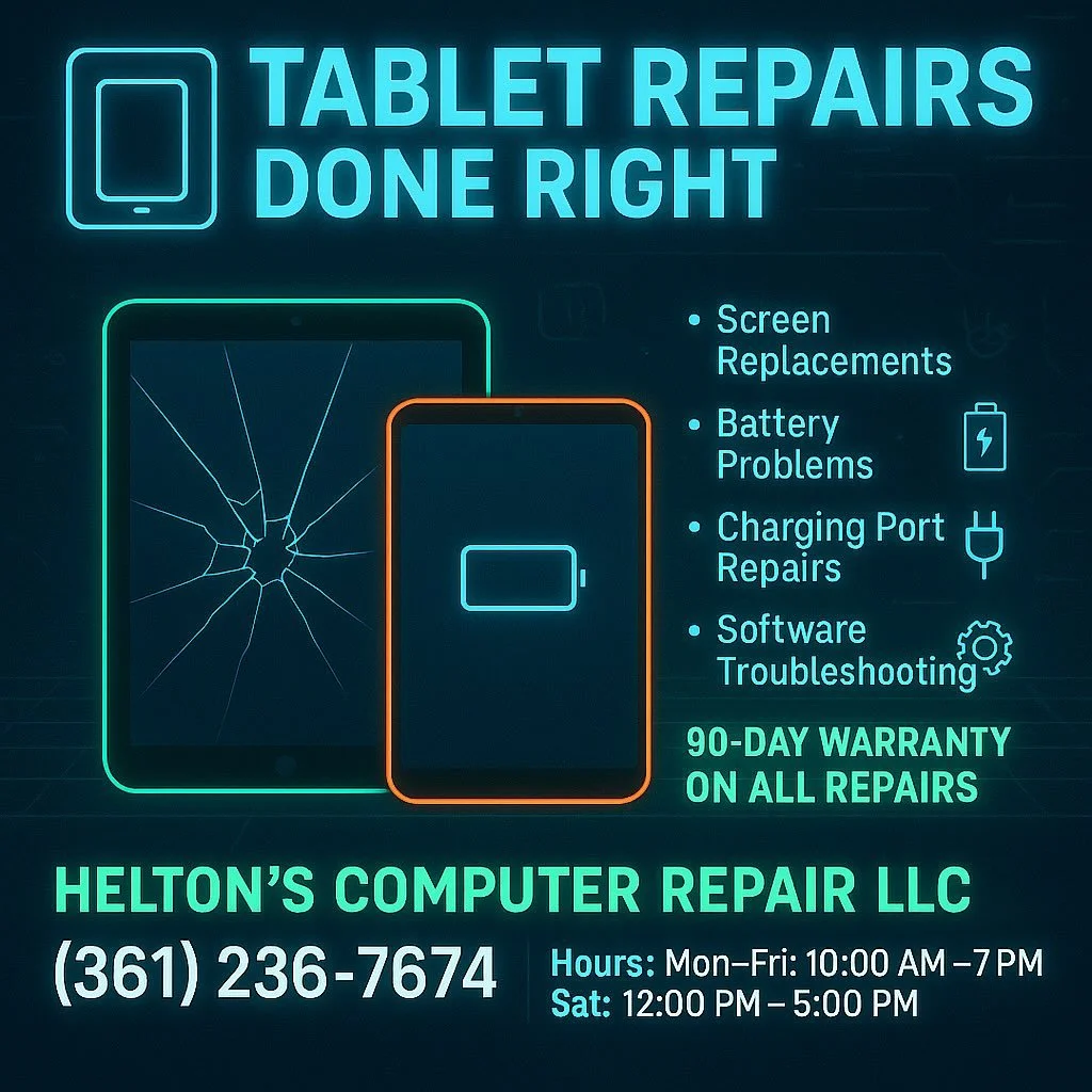 📱 Tablet Repairs &ndash; Contact Us Today!
Helton&rsquo;s Computer Repair LLC
📞 (361) 236-7674
🕙 Mon&ndash;Fri: 10 AM &ndash; 7 PM | Sat: 12 PM &ndash; 5 PM
📍 1011 E. Main St, Alice, TX 78332