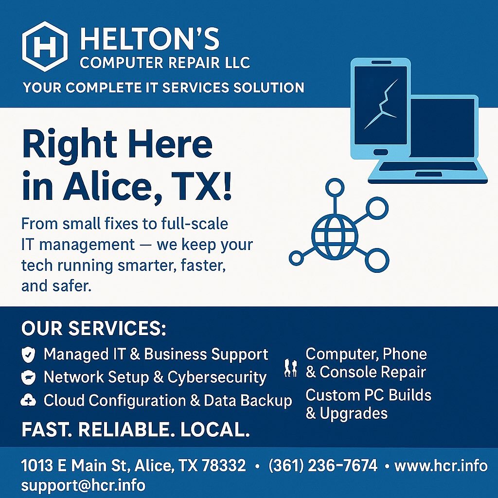 Your Complete IT Services Solution &ndash; Right Here in Alice, TX!
From small fixes to full-scale IT management &mdash;
we keep your tech running smarter, faster, and safer.

⚙️ Our Services:
💼 Managed IT &amp; Business Support
🌐 Network Setup &am