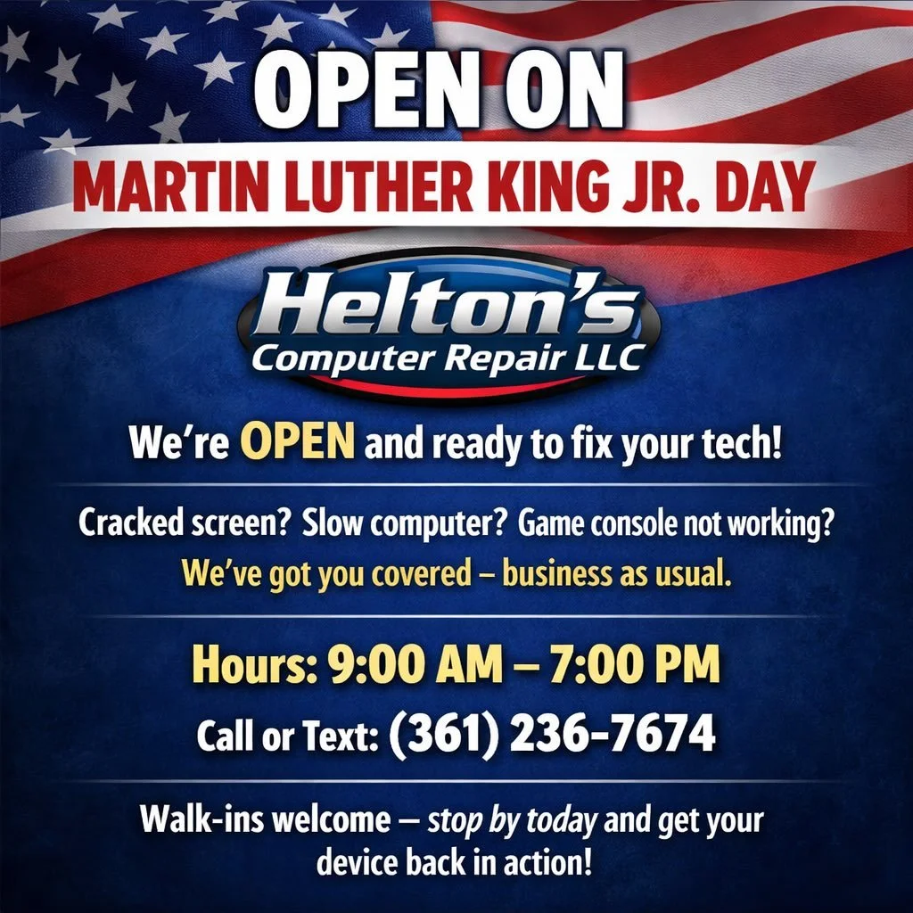 🔔 OPEN ON MARTIN LUTHER KING JR. DAY 🔔

📱💻🎮 Helton&rsquo;s Computer Repair LLC is OPEN and ready to fix your device!

💥 Cracked screen?
🐢 Slow computer?
🎮 Game console not working?

✅ We&rsquo;ve got you covered &mdash; business as usual.

🕘