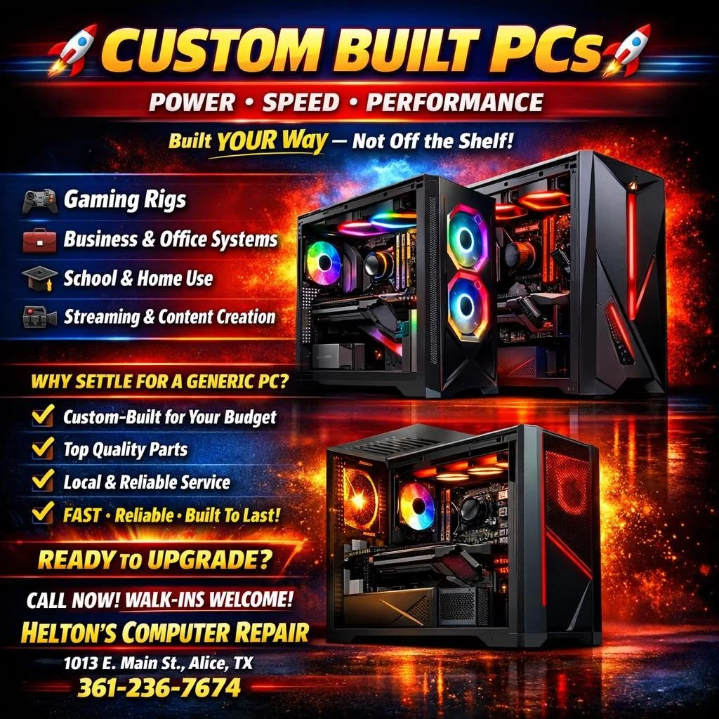🚀 CUSTOM BUILT PCs &mdash; BUILT YOUR WAY! 🚀

Looking for a powerful, reliable PC that&rsquo;s made just for you?
At Helton&rsquo;s Computer Repair, we build custom PCs for:

🎮 Gaming
🏢 Business &amp; Office
🎓 School &amp; Home
🎥 Streaming &amp