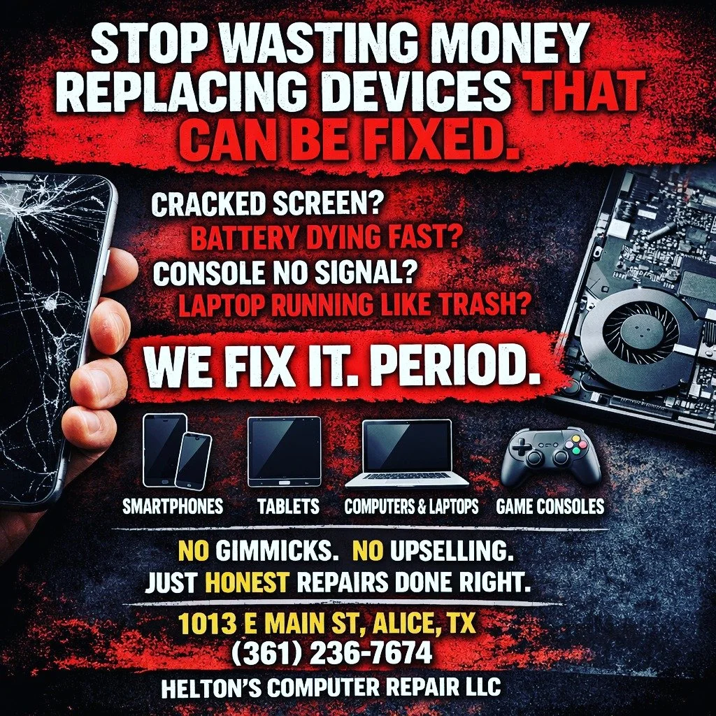 🚨 Come Get Your Device Fixed Today! 🚨
Cracked screen? Dead battery? Console not turning on? Don&rsquo;t wait!
At Helton&rsquo;s Computer Repair LLC, we fix it all:

📱 Smartphones
📲 Tablets
💻 Computers &amp; Laptops
🎮 Game Consoles

✅ Fast Turna