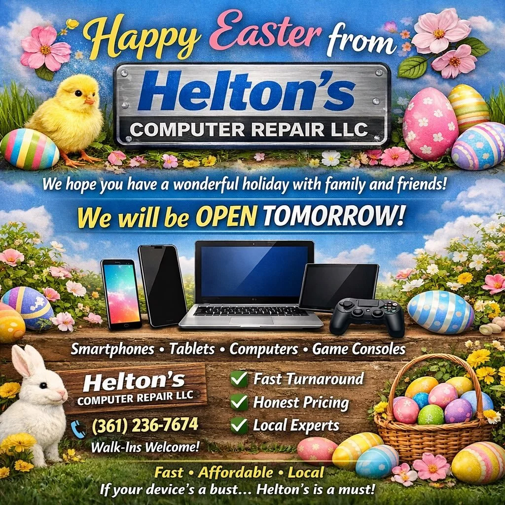 🐣🌸 Happy Easter from Helton&rsquo;s Computer Repair LLC! 🌸🐣

We hope you have a great holiday with family and friends!

Just a heads up &mdash; we will be OPEN TOMORROW and ready to help with all your tech needs.

📱 Smartphones &bull; 📲 Tablets