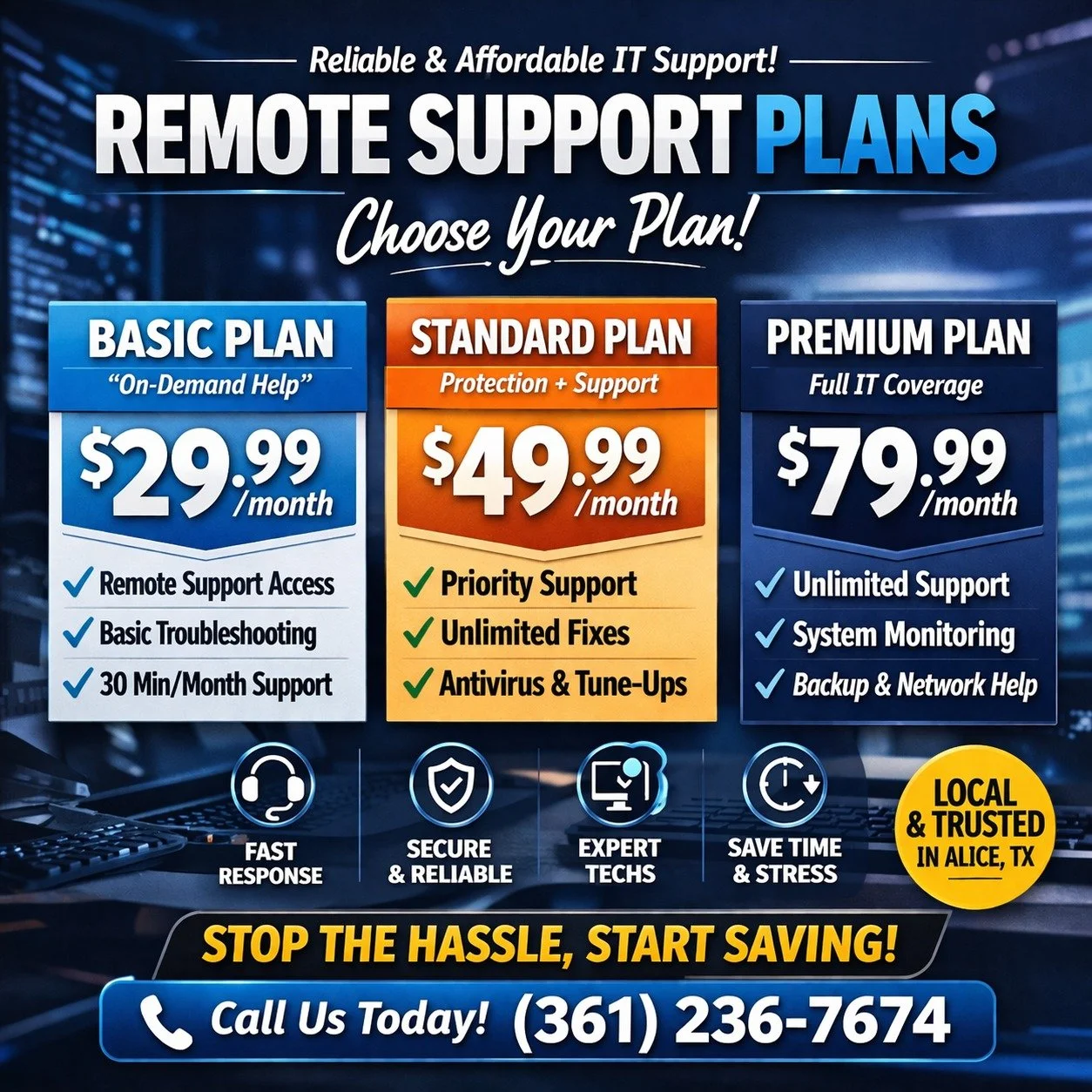 💻 Tired of dealing with tech problems?

Skip the trip &mdash; we fix it remotely.

With our Remote Support Plans, you can get your computer fixed without ever leaving your home or office.

❌ Slow computer?
❌ Virus or pop-ups?
❌ Software issues?
❌ Ne