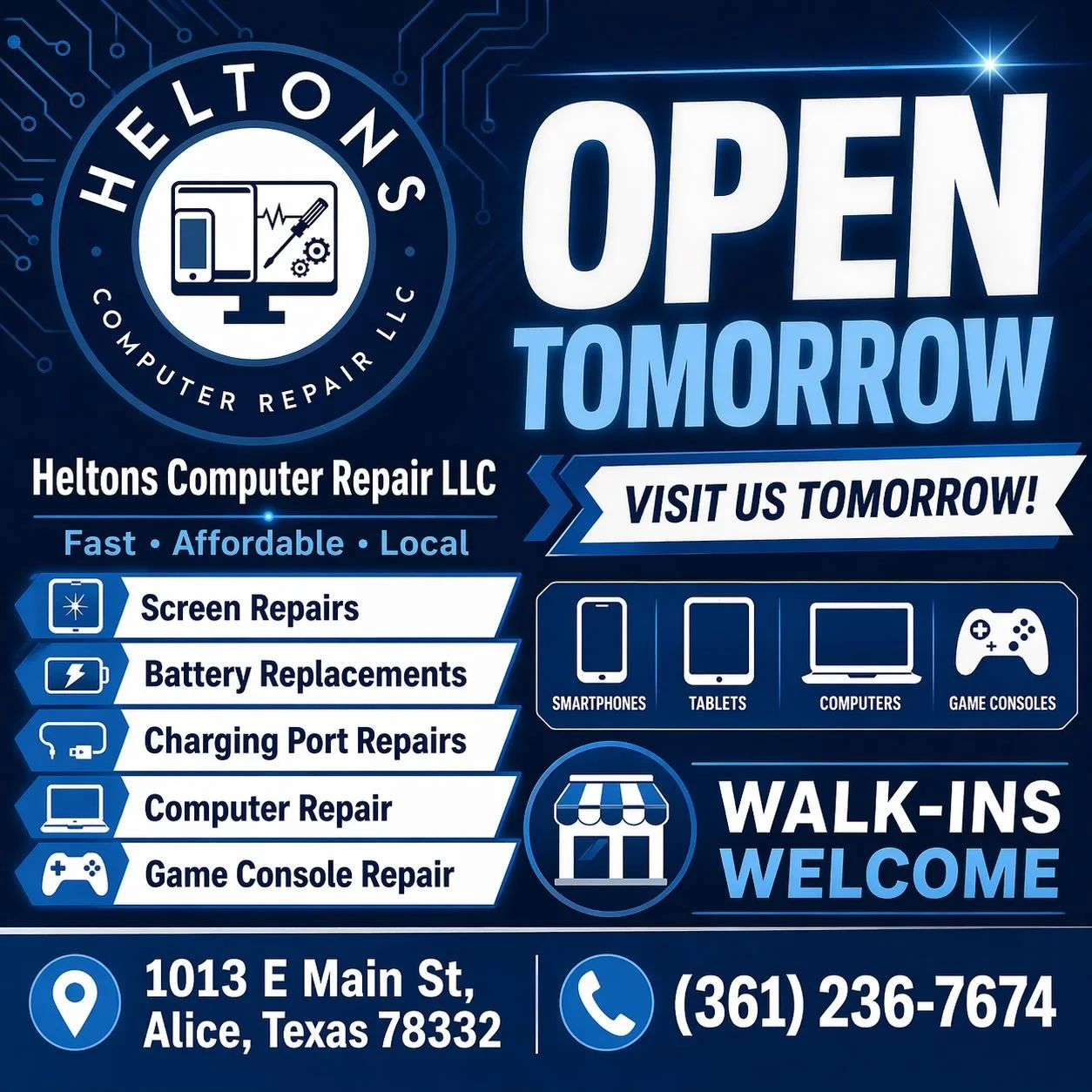 📱💻🎮 OPEN TOMORROW &mdash; FAST TECH REPAIRS DONE RIGHT!

Don&rsquo;t wait days without your device. Bring it to the local shop that fixes smartphones, tablets, computers, and game consoles.

✅ Screen Repairs
✅ Battery Replacements
✅ Charging Port 