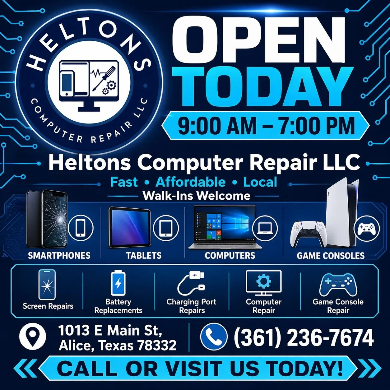 📱💻🎮 OPEN TODAY &mdash; FAST TECH REPAIRS DONE RIGHT!

We&rsquo;re open today from 9:00 AM to 7:00 PM and ready to help get your devices fixed.

Cracked screen? Bad battery? Charging port not working? Computer running slow? Game console giving you 