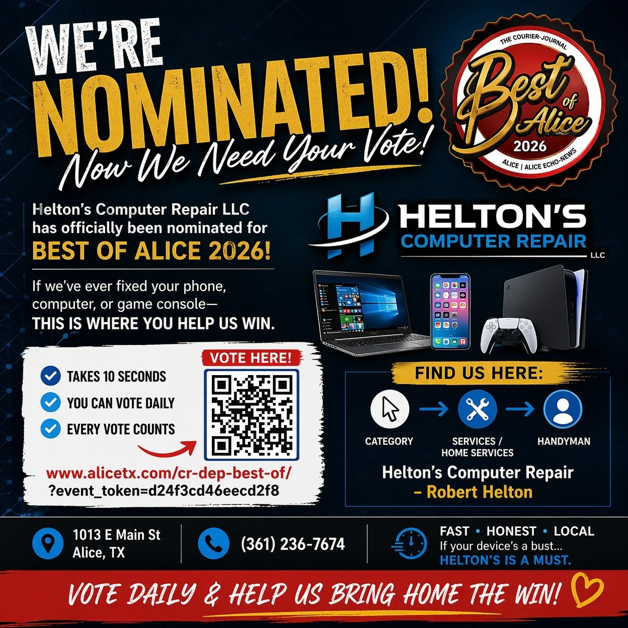 🏆 WE&rsquo;RE NOMINATED &mdash; NOW WE NEED YOUR VOTE!

Helton&rsquo;s Computer Repair LLC has officially been nominated for Best of Alice 2026 🙌

If we&rsquo;ve ever fixed your phone, computer, or game console &mdash; this is where you help us win