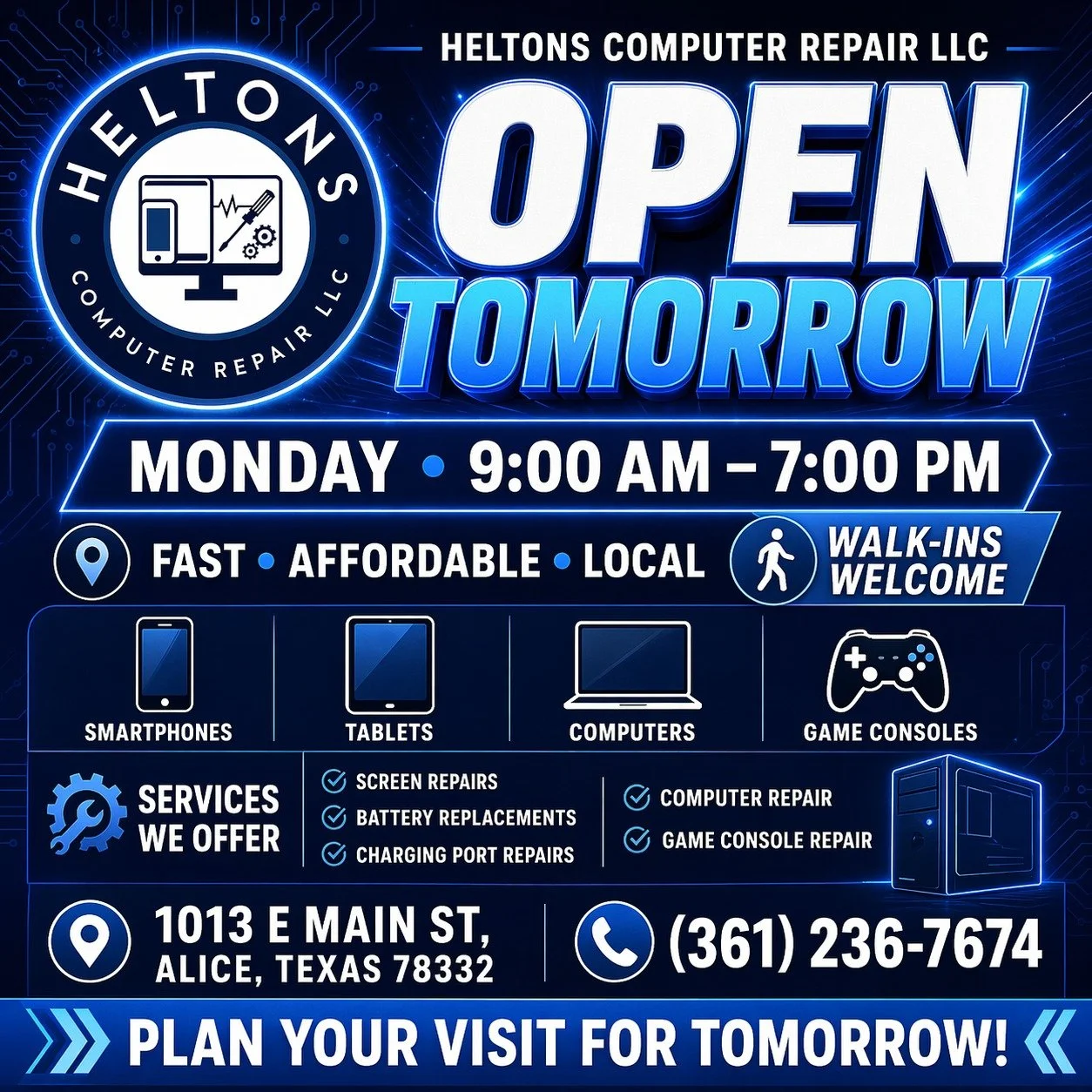 📱💻🎮 OPEN TOMORROW &mdash; FAST TECH REPAIRS DONE RIGHT! 🔧⚡

Start the week off without device problems. We&rsquo;ll be open Monday and ready to help with smartphones, tablets, computers, and game consoles.

📲 Cracked screen?
🔋 Battery draining 