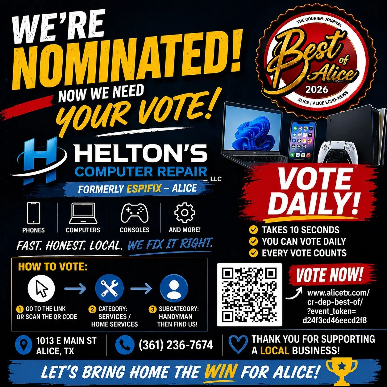 ⏰ DAILY REMINDER &mdash; VOTE NOW!

🏆 Helton&rsquo;s Computer Repair &ndash; Robert Helton
(Also known as ESPIFIX in Alice)

If you&rsquo;ve ever come to ESPIFIX &mdash; you&rsquo;ve supported us.

👉 Vote here:
https://www.alicetx.com/cr-dep-best-o