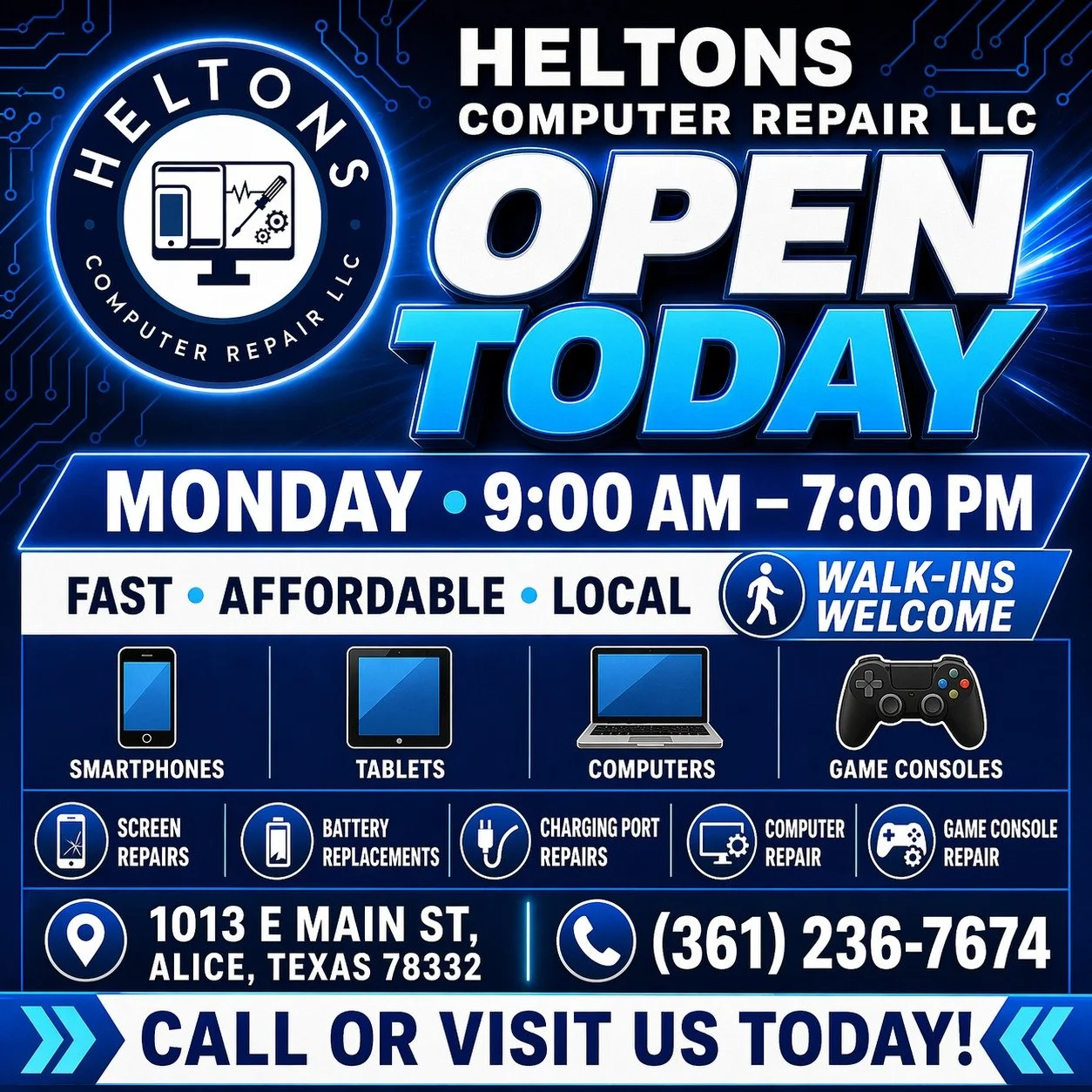 📱💻🎮 OPEN TODAY &mdash; 9:00 AM TO 7:00 PM!

We&rsquo;re open today and ready to get your tech back up and running.

Whether it&rsquo;s a cracked phone screen, weak battery, charging issue, computer problem, or game console repair &mdash; bring it 