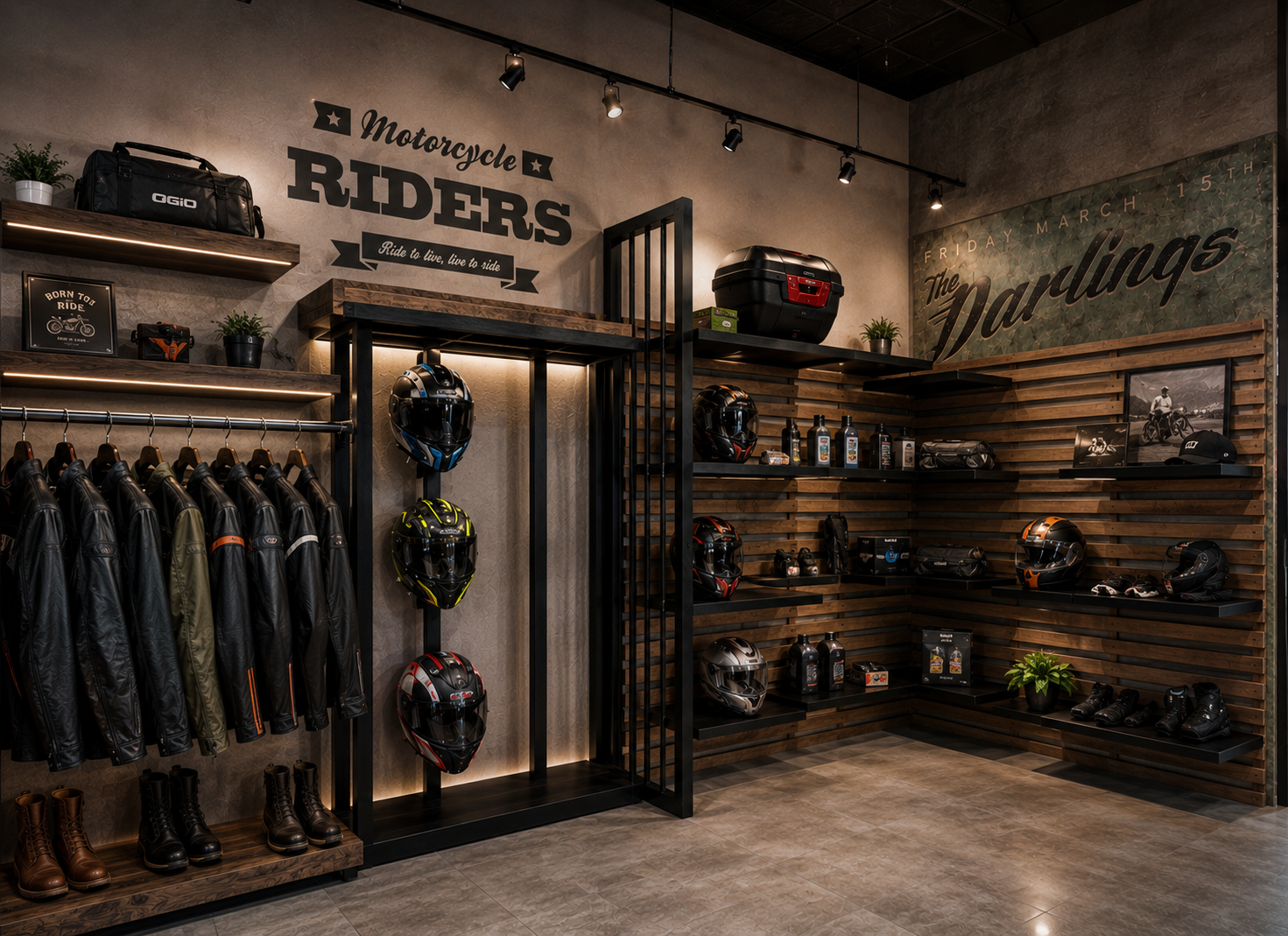Área de exhibición de cascos y accesorios para motocicletas