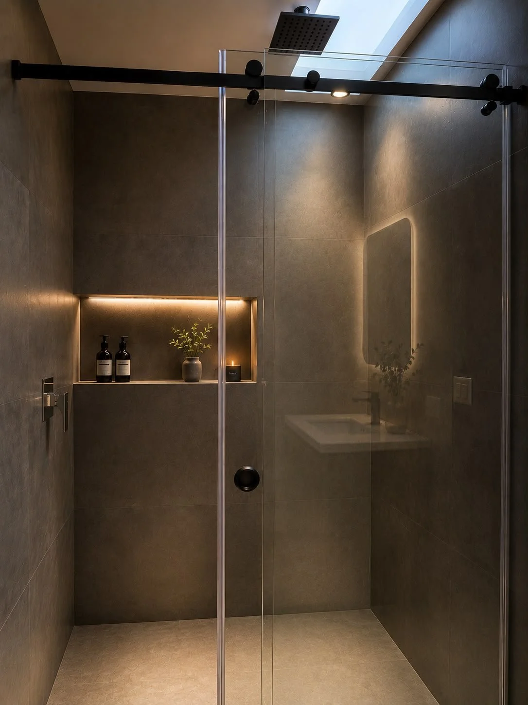 Ducha contemporánea con revestimiento oscuro e iluminación cálida