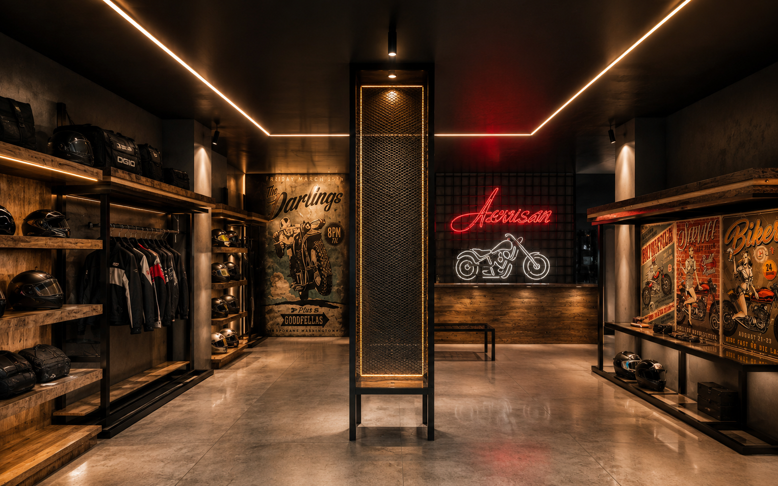 Iluminación lineal en local comercial de estilo industrial