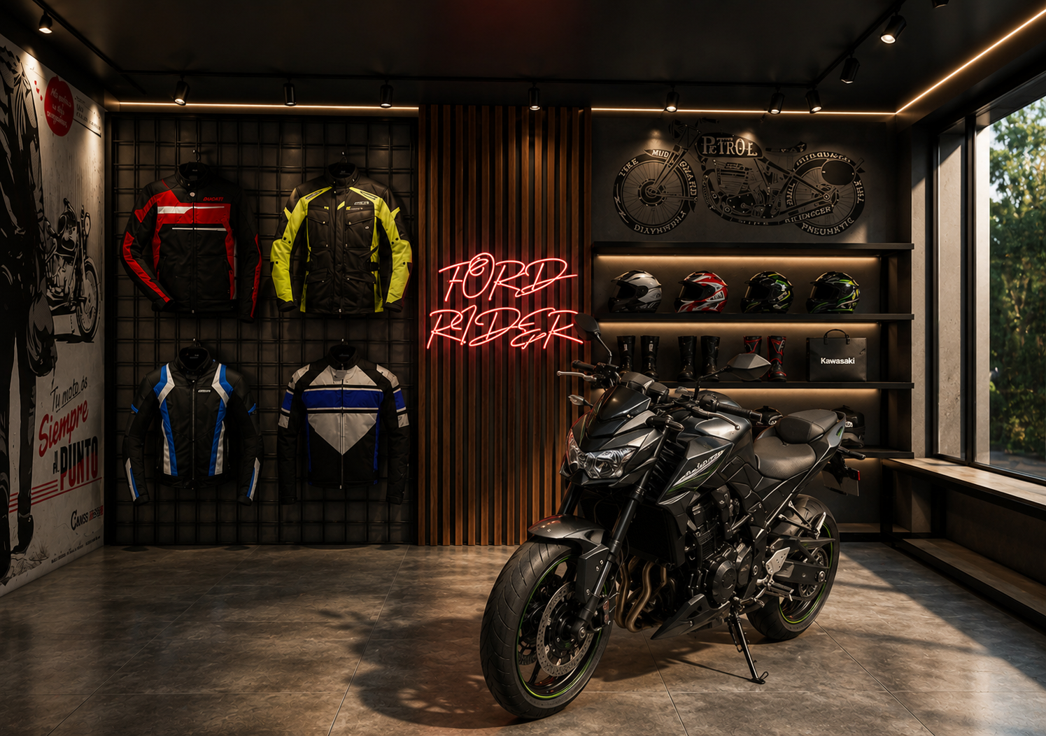 Detalle de identidad gráfica y decoración del local de motos